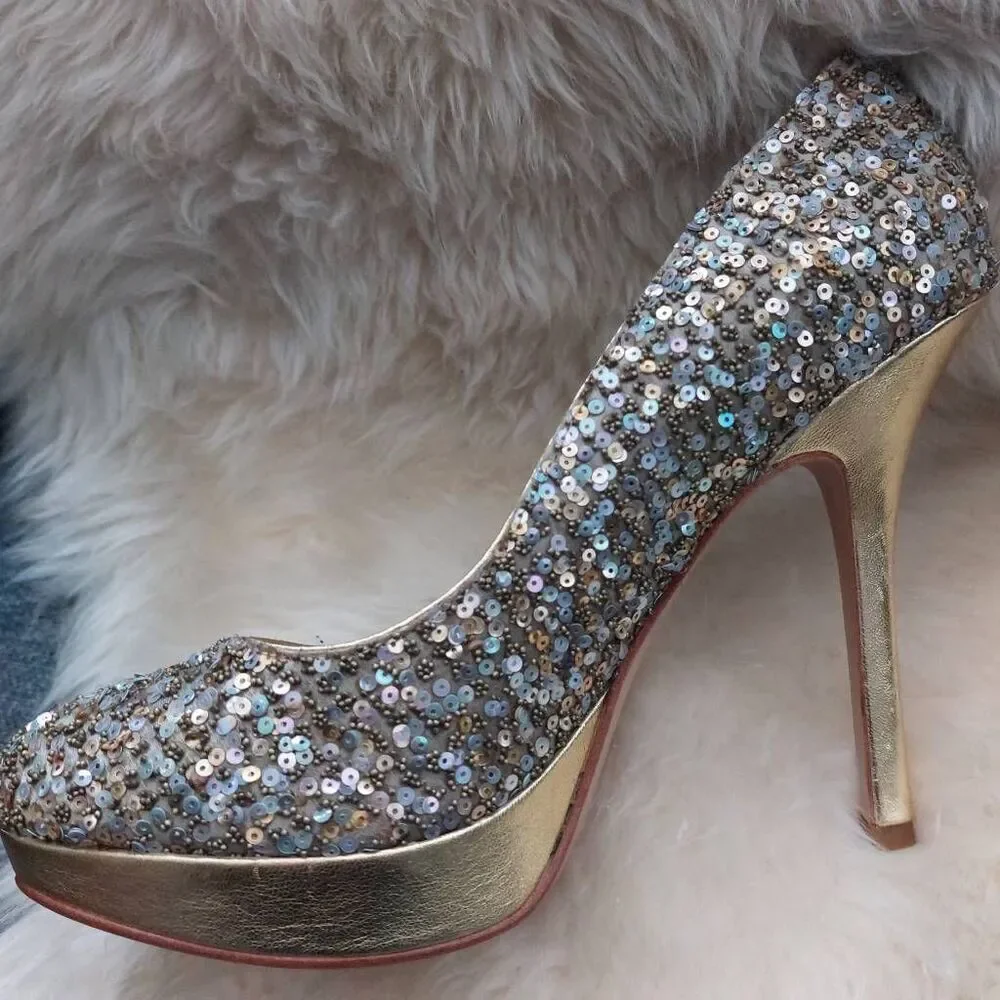 Joan & David Gold Sequin Platform Heels Pumps Size 6 Metallic Glam Party - Picture 5 of 12